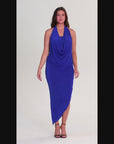Womens Cowl Neck Long Asymmetrical Backless Halter Dress