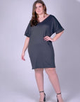 Plus Size Solid Color Loose Fit V Neck T Shirt Style Knee Length Dress