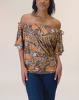 Womens Brown Paisley Short Sleeve Split Shoulder Top