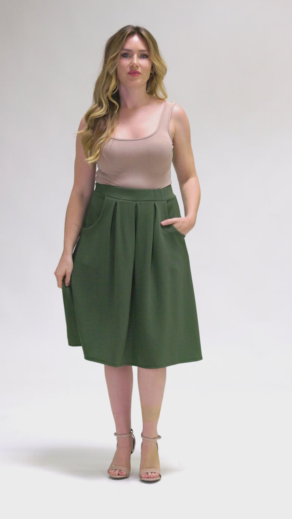 Elastic Waist Pleated Knee Length Pocket Skirt Taupe XL