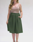 Elastic Waist Pleated Knee Length Pocket Skirt