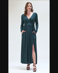 Womens Long Sleeve V Neck Side Slit Maxi Dress