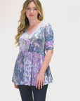 Purple Paisley Print Elbow Sleeve V Neck Henley Tunic Top