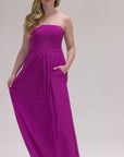 Womens Pleated A Line Strapless Maxi Dress With Pockets