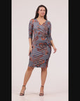 Grey Print Three Quarter Sleeve Faux Wrap Dress
