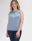 Womens Blue Print Pleated Crew Neckline Back Closure Sleeveless Top