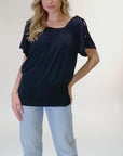 Womens Solid Color Short Sleeve Split Shoulder Top