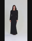 Fitted Long Sleeve Shimmery Fabric Side Slit Maxi Dress
