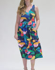 Womens Midi Length Multicolor Sleeveless Pleated Pocket Dress