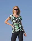 Cap Sleeve Green Butterfly Print Ruffle V Neck Womens Top