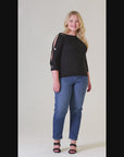 Three Quarter Sleeve Boatneck Cold Shoulder Plus Size Top with Grommet Detail