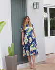 Womens Blue Floral Short Sleeve Pleated Flare Midi Pocket Dress