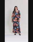 Plus Size Black Floral Three Quarter Sleeve Side Slit Maxi Dress