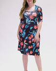 Womens Black Floral Print Elbow Sleeve Knee Length Dress