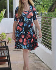 Womens Black Floral Print Elbow Sleeve Knee Length Dress