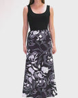Black and White Floral Elastic Waist Ankle Length Comfortable Maxi Skirt