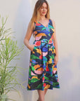 Womens Midi Length Multicolor Sleeveless Pleated Pocket Dress