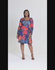Plus Size Navy Floral Print Long Sleeve Knee Length Dress