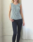 Womens Blue Print Pleated Crew Neckline Back Closure Sleeveless Top