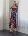 Womens Black Floral V Neck Belted High Low Faux Wrap Dress