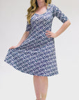 Womens Navy Geometric Print Knee Length Elbow Sleeve Dress