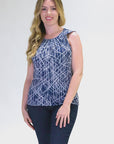 Womens Navy Print Pleated Crew Neckline Back Closure Sleeveless Top