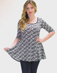 Womens Black Geometric Print Elbow Sleeve Casual Tunic Top