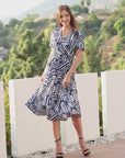 Womens Navy and White Short Sleeve Tie Waist Midi Dress