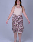 Plus Size Black Floral Print Elastic Waist Below Knee Length Skirt