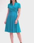 Womens Short Sleeve Knee Length V Neck Rouched Wrap Dress
