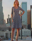 Womens Navy Geometric Print Knee Length Elbow Sleeve Dress