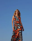 Womens Orange Butterfly Print V Neck Tie Back Empire Waist Sleeveless Maxi Dress