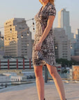 Womens Print Short Sleeve Knee Length V Neck Rouched Wrap Dress