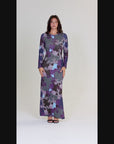 Purple Paisley Long Sleeve Side Slit Fitted Maxi Dress
