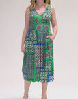 Womens Midi Length Green Scarf Print Sleeveless Pleated Pocket Dress