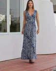 Womens Navy Abstract  Print V Neck Empire Waist Sleeveless Maxi Dress