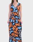 Womens Orange Butterfly Print V Neck Tie Back Empire Waist Sleeveless Maxi Dress