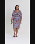Plus Size Grey Print Three Quarter Sleeve Faux Wrap Dress