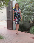 Black Floral Knee Length Short Sleeve Faux Wrap Dress