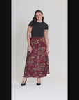 Plus Size Wine Print Elastic Waist A Line Maxi Skirt