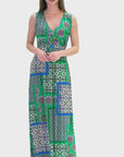 Womens Green Scarf Print V Neck Empire Waist Sleeveless Maxi Dress