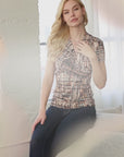 Womens Brown Print Short Sleeve V Neck Wrap Top