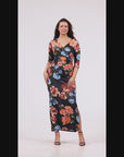 Black Floral Three Quarter Sleeve Side Slit Maxi Dress