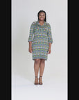 Plus Size Green Geometric Print Three Quarter Sleeve Collar Mini Dress
