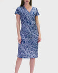 Navy Geometric Print Knee Length Short Sleeve Faux Wrap Dress