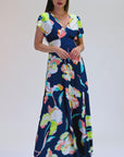 Womens Navy Floral Print V Neck Empire Waist Kimono Cap Sleeve Maxi Dress