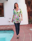Pastel Color Floral Elbow Sleeve V Neck Henley Tunic Top