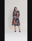 Plus Size Black Floral Midi Length Long Sleeve Pocket Dress