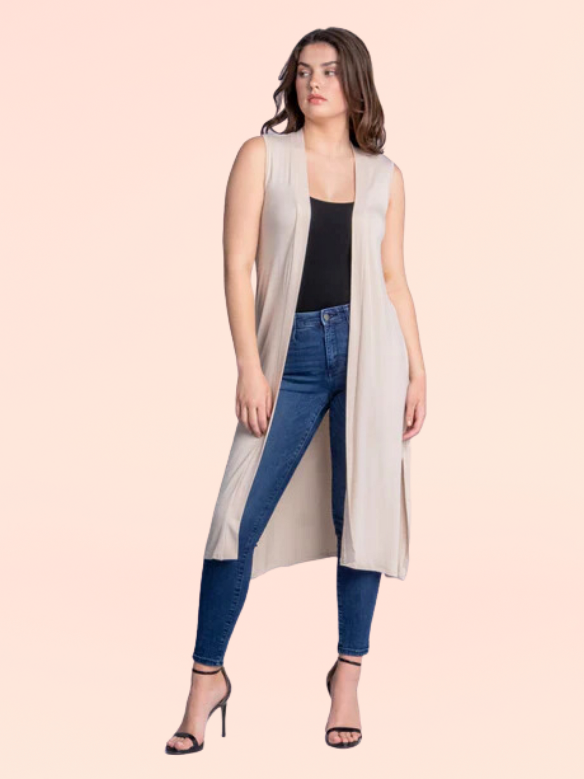 Sleeveless Long Cardigan Vest with Side Slit