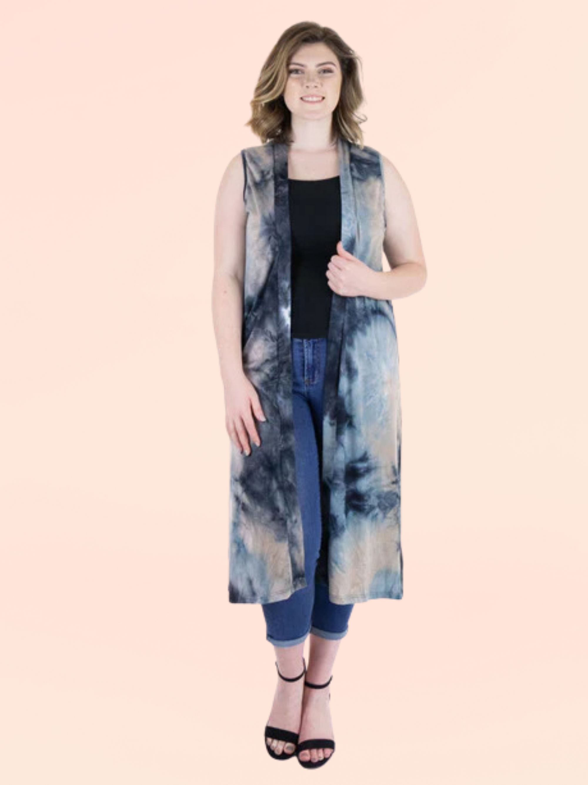 Tie Dye Sleeveless Open Front Plus Size Cardigan Vest